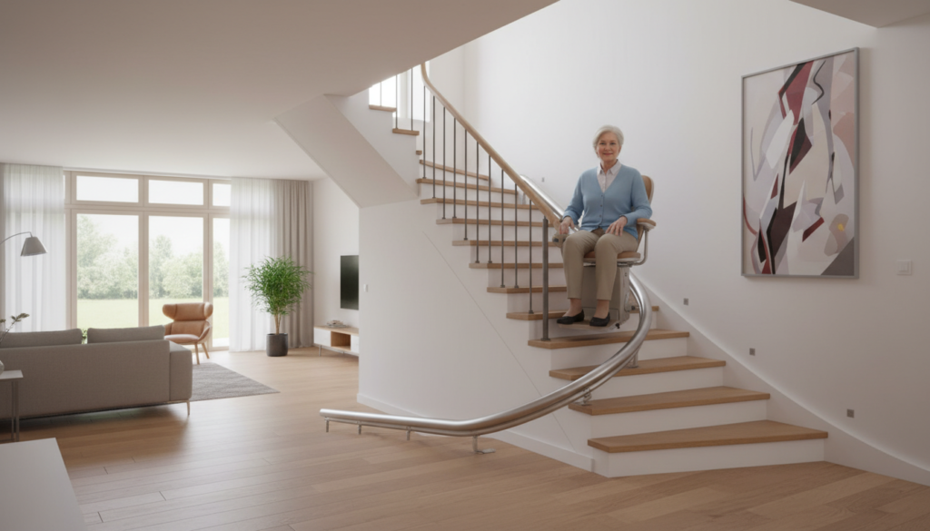 découvrez comment le rail handicare freecurve s'adapte facilement aux changements de pente pour assurer une montée d'escalier en toute sécurité et confort.